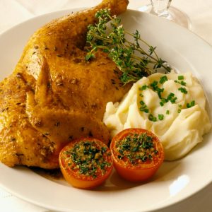 Roast Chicken with Mashed Potatoes and Tomatoes